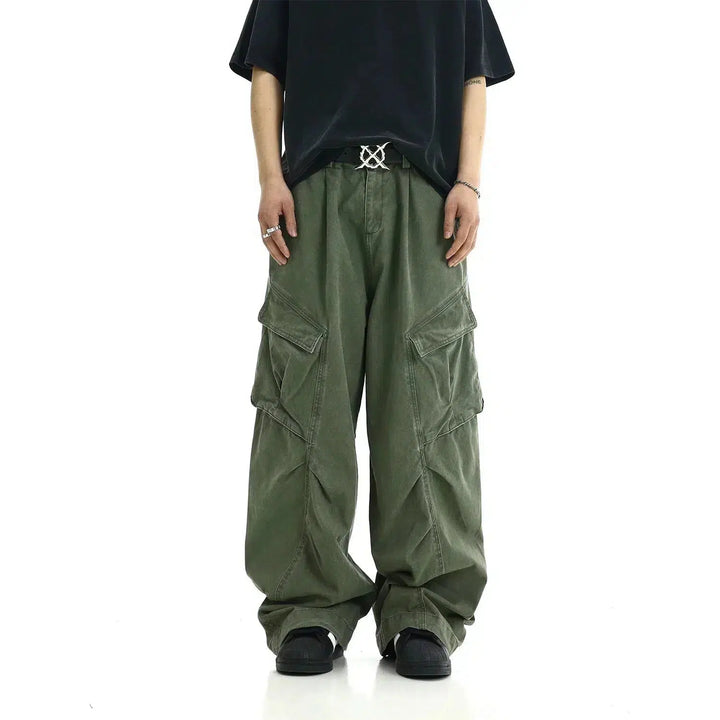 Deconstructed Pleated Wide-Leg Cargo Pants