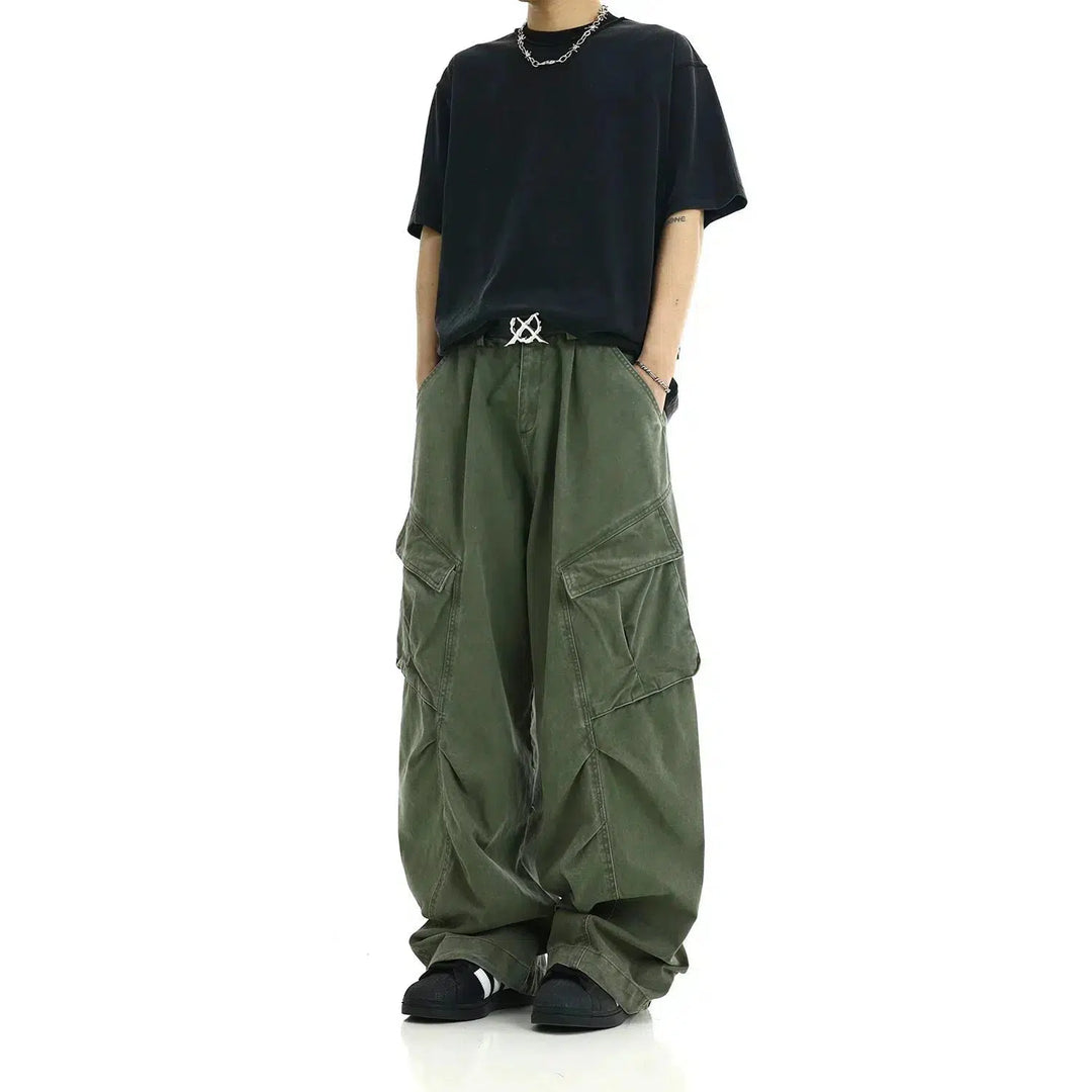 Deconstructed Pleated Wide-Leg Cargo Pants