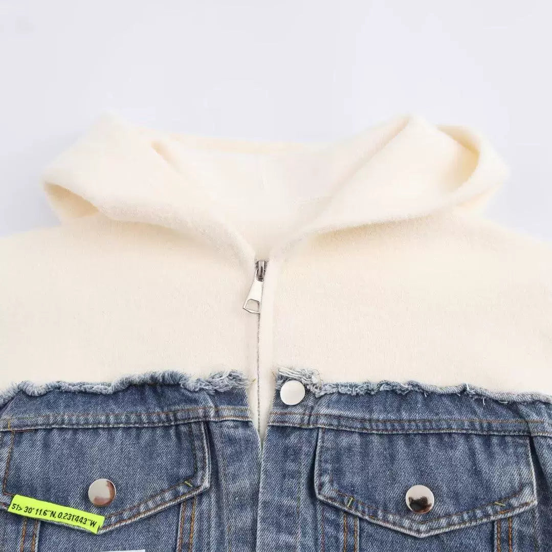 Denim Patchwork Hooded Coat