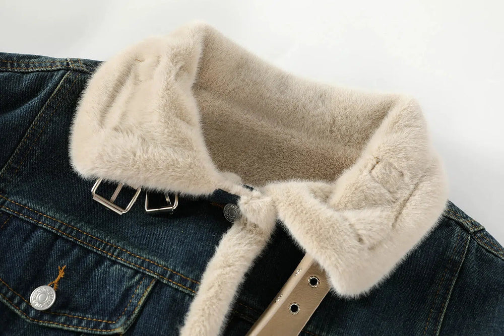 Belted Collar Denim Sherpa-Lined Coat