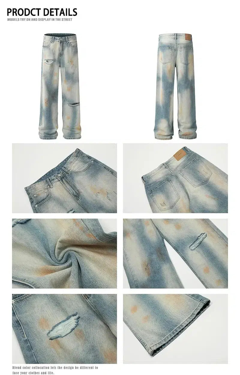 Dirty Dyed Ink-splashed Ripped Jeans