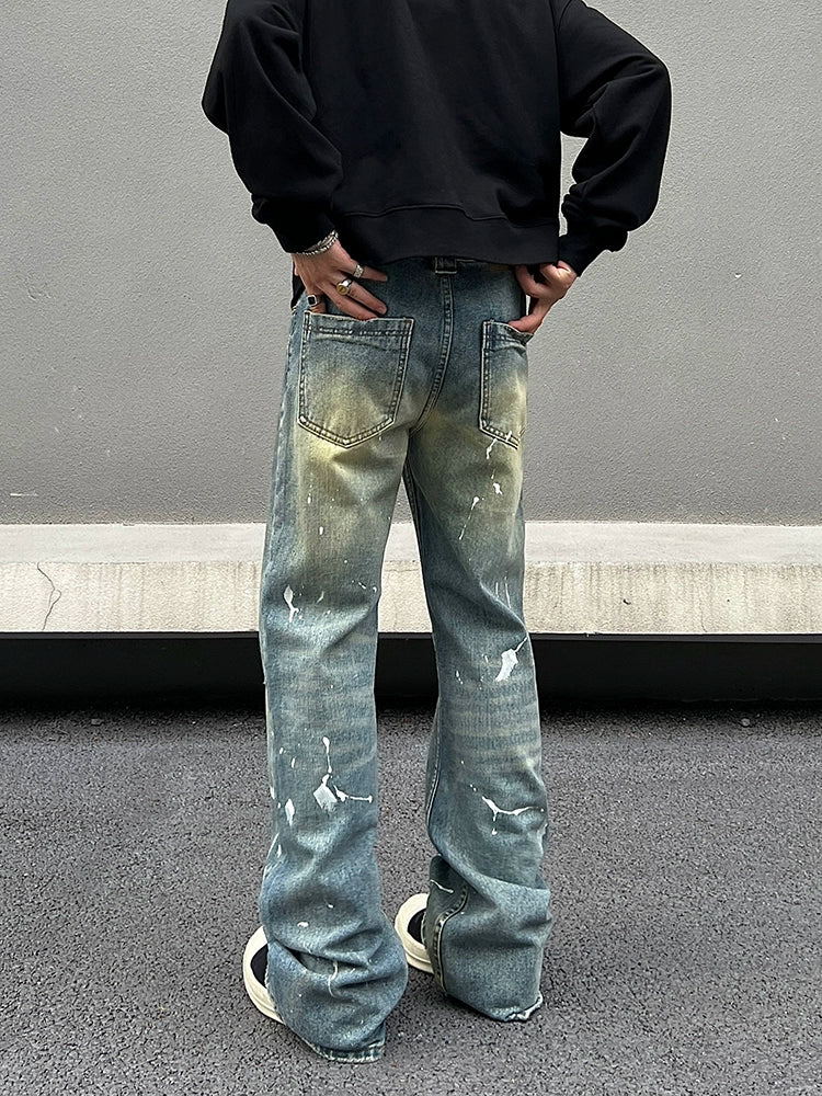 Distressed Paint Splatter Wide-Leg Jeans