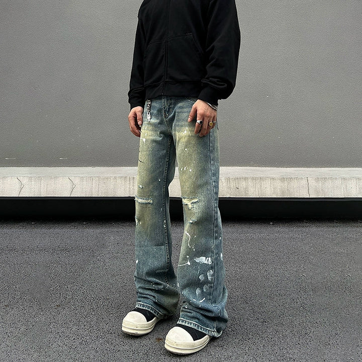 Distressed Paint Splatter Wide-Leg Jeans