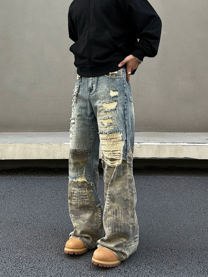 Distressed Patchwork Wide-Leg Jeans