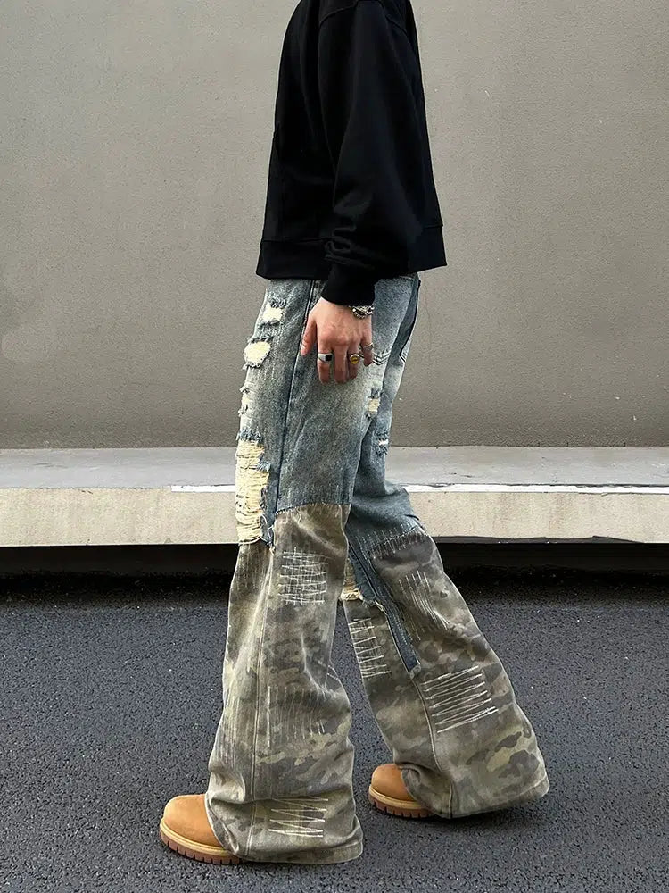 Distressed Patchwork Wide-Leg Jeans