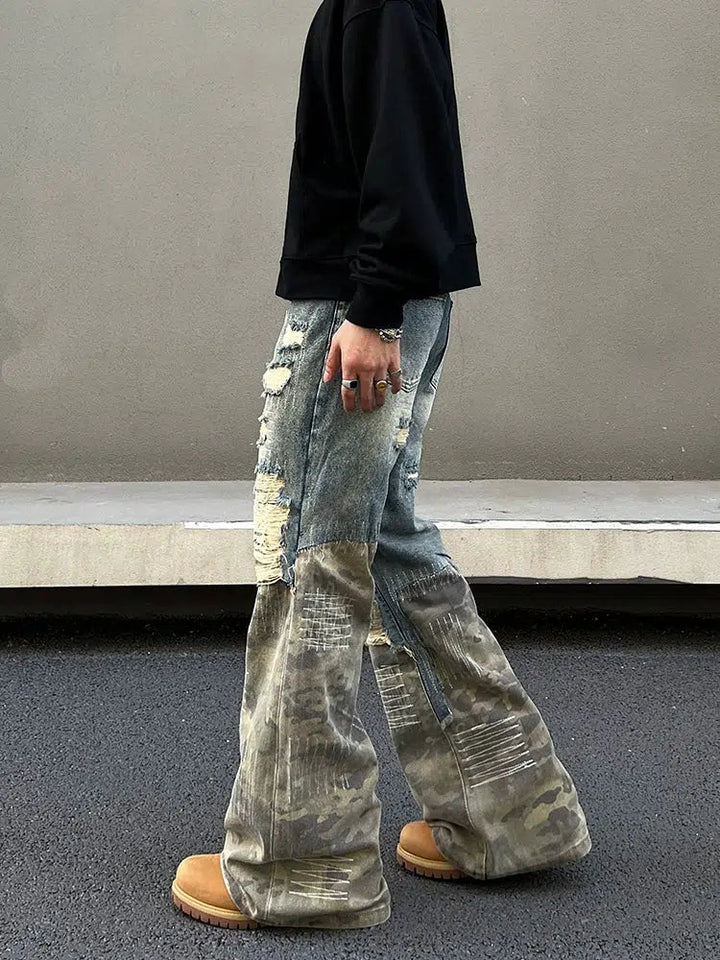 Distressed Patchwork Wide-Leg Jeans