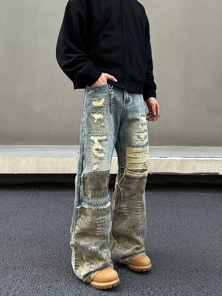 Distressed Patchwork Wide-Leg Jeans