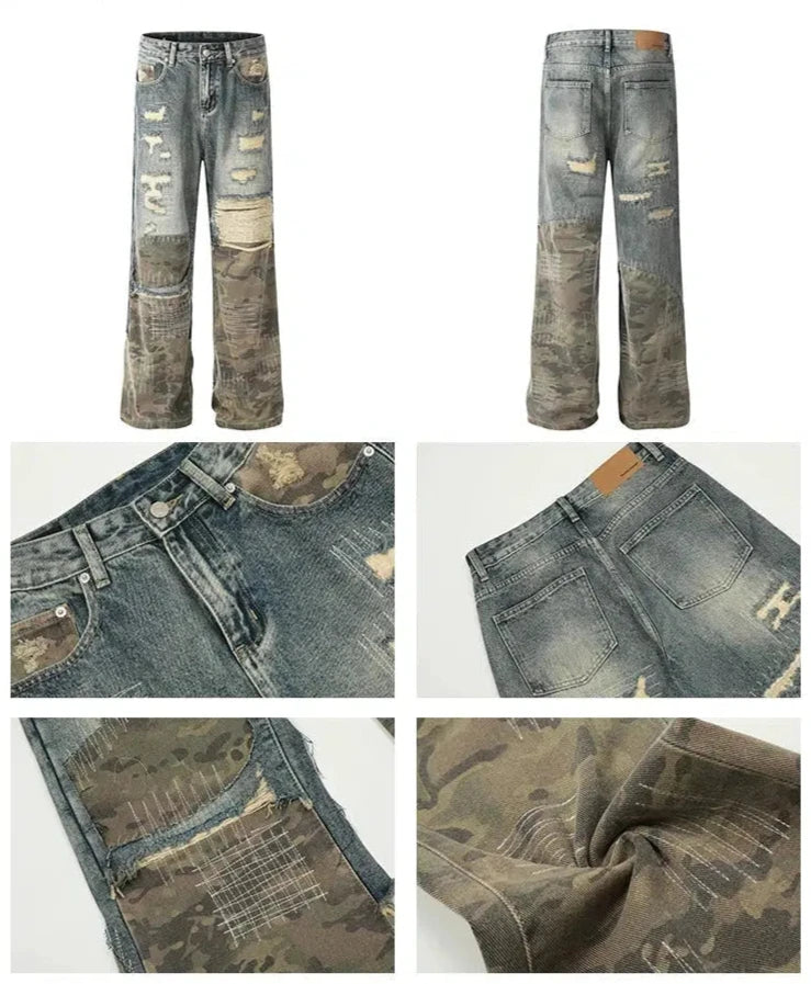 Distressed Patchwork Wide-Leg Jeans