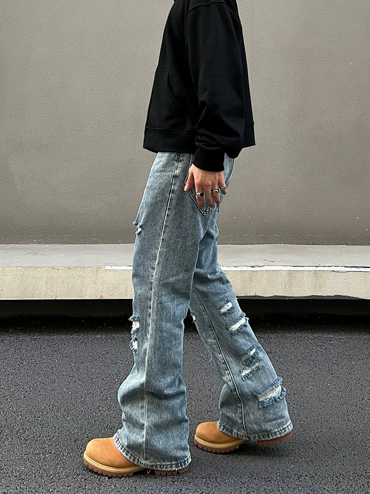 Distressed Wide-Leg Denim Pants