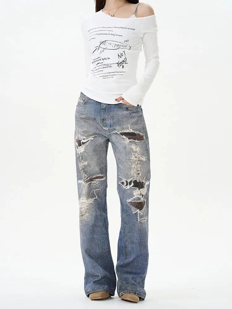 Distressed Wide-Leg Jeans with Patchwork