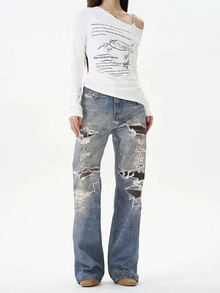 Distressed Wide-Leg Jeans with Patchwork