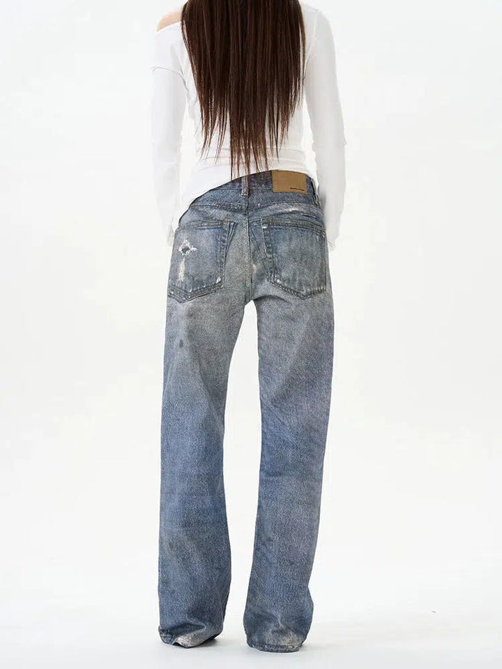 Distressed Wide-Leg Jeans with Patchwork