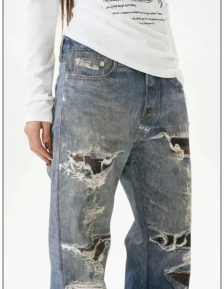 Distressed Wide-Leg Jeans with Patchwork