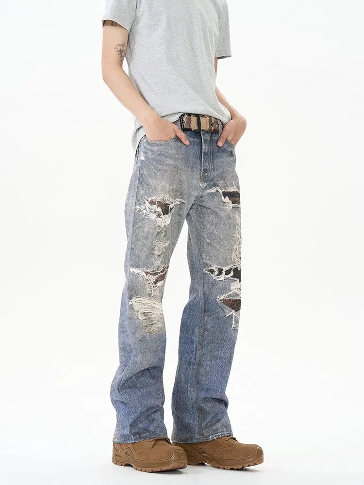 Distressed Wide-Leg Jeans with Patchwork