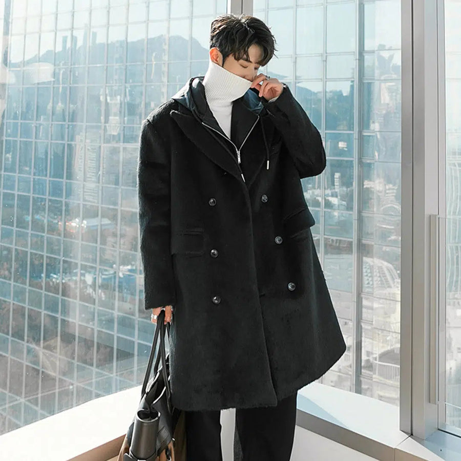 Double Breasted Hooded Wool Coat