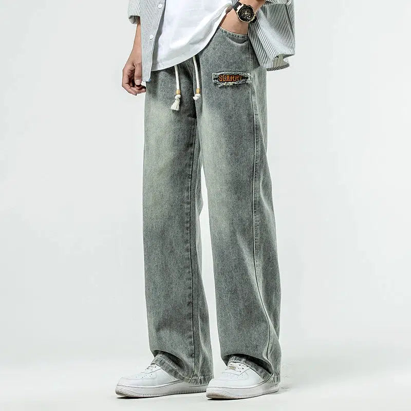 Drawstring Straight-leg Ripped Pants