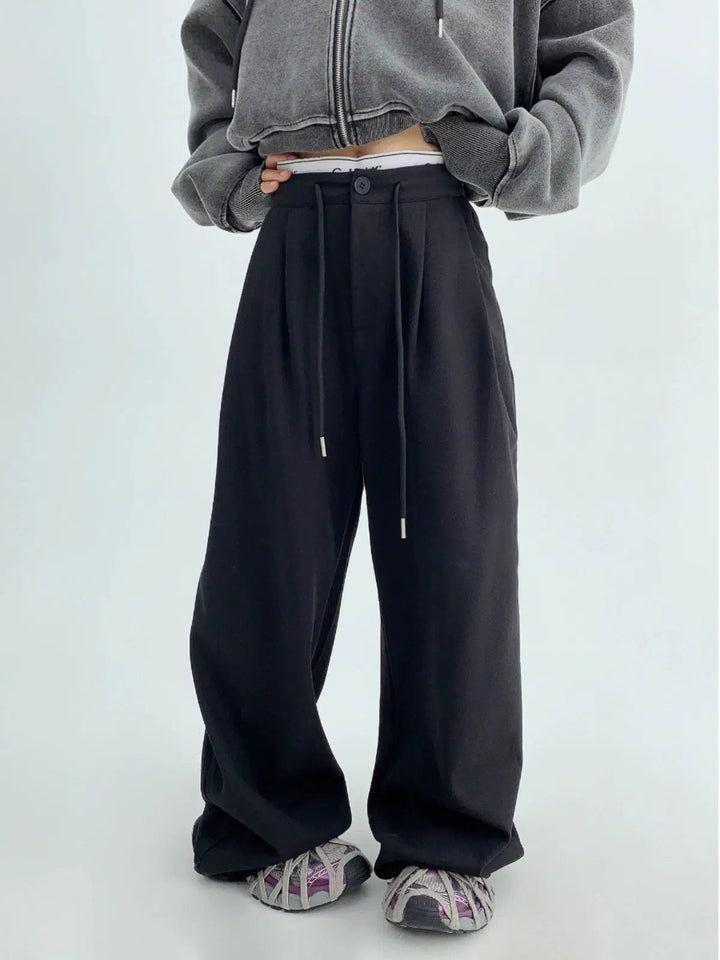 Drawstring Pleated Wide-Leg Pants