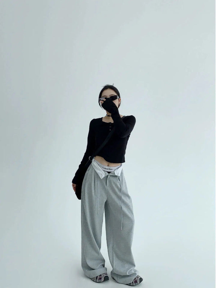 Drawstring Pleated Wide-Leg Pants