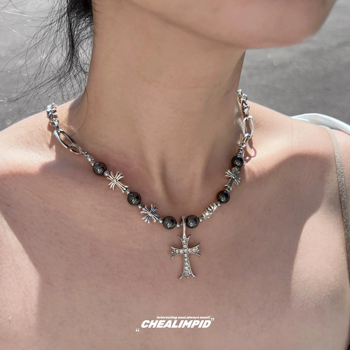 Edgy Cross Pendant Bead Necklace