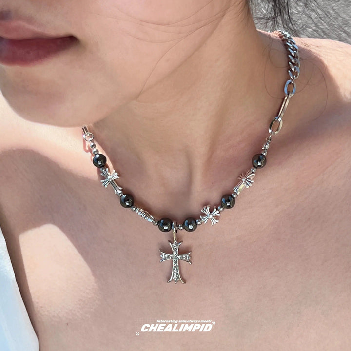 Edgy Cross Pendant Bead Necklace