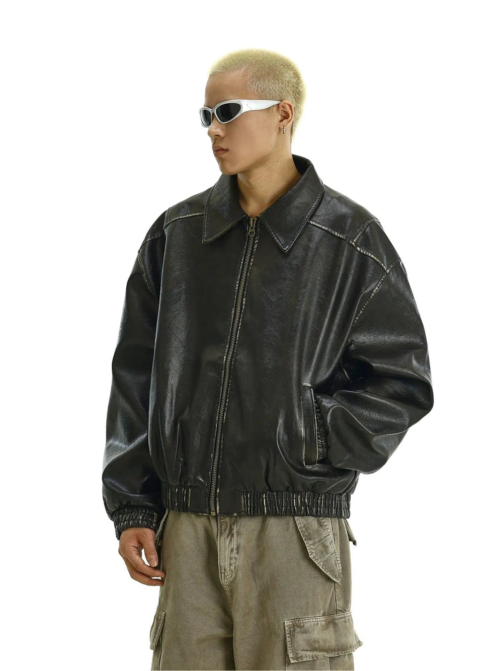 Elastic Hem Leather Bomber Jacket