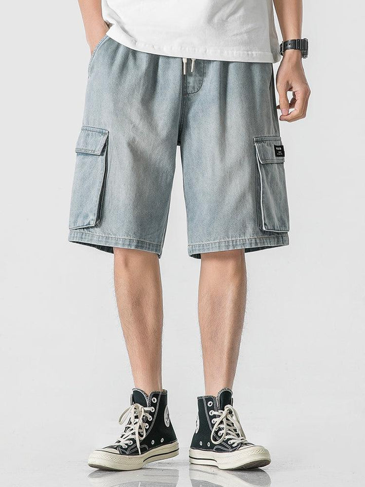 Elastic Waist Blue Denim Cargo Shorts