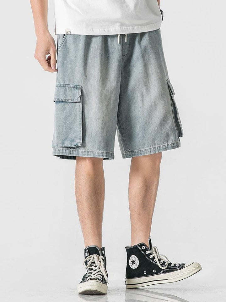 Elastic Waist Blue Denim Cargo Shorts