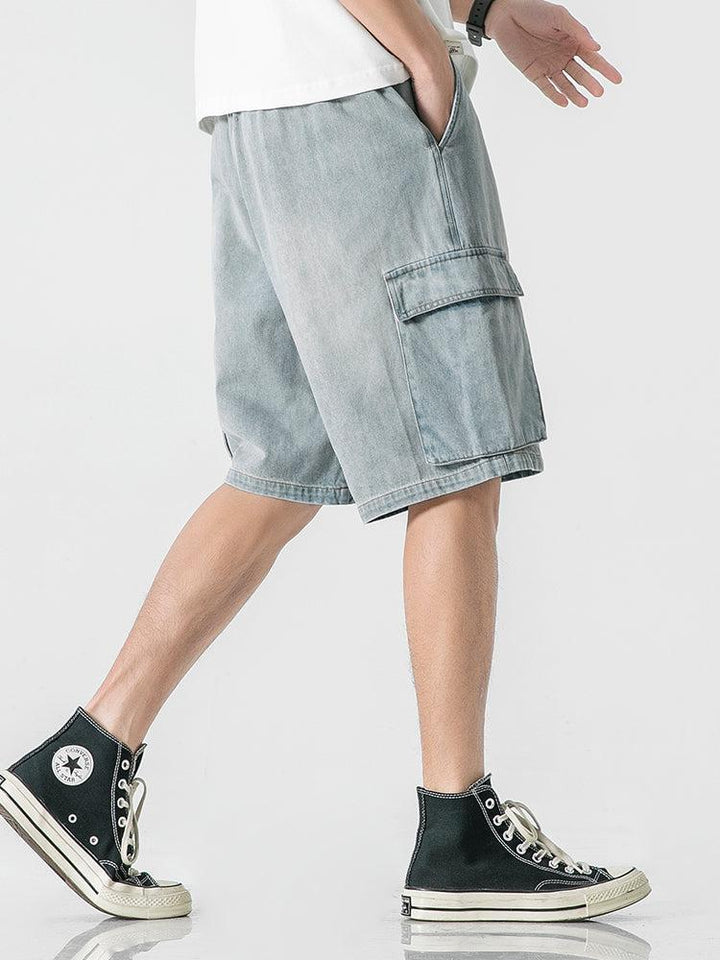 Elastic Waist Blue Denim Cargo Shorts