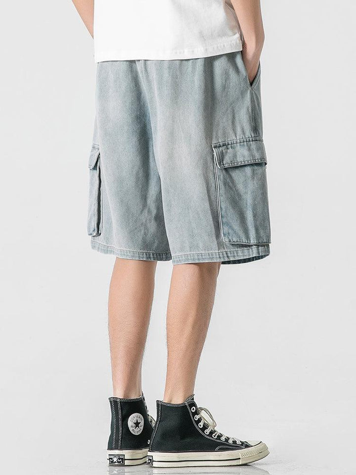 Elastic Waist Blue Denim Cargo Shorts