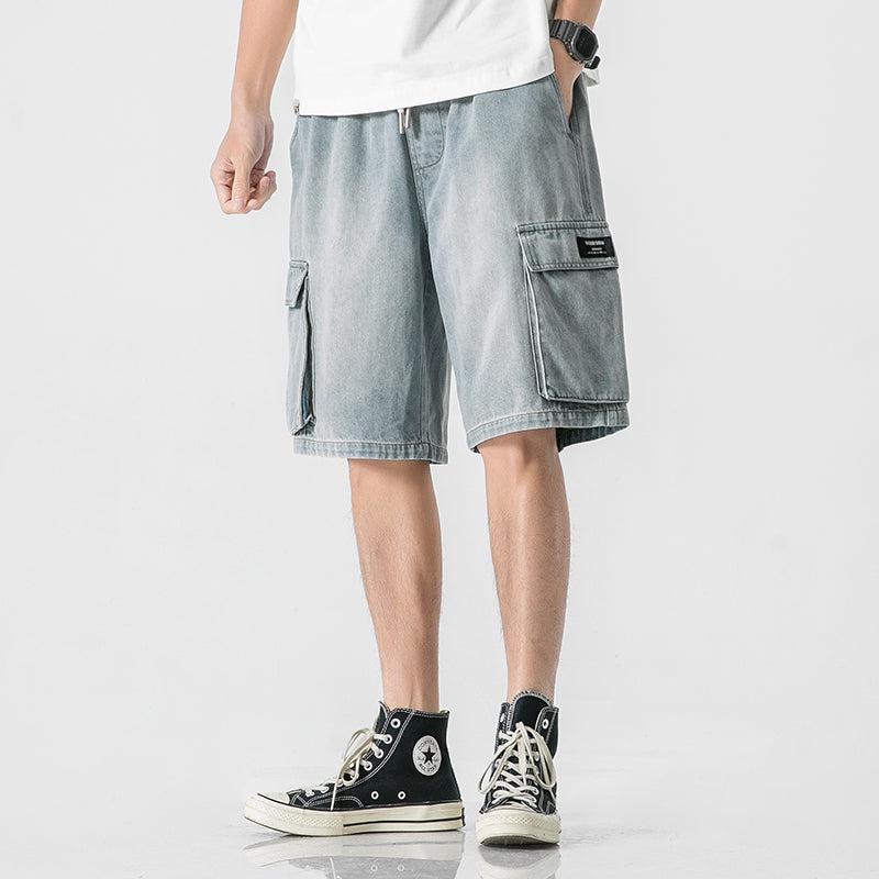 Elastic Waist Blue Denim Cargo Shorts