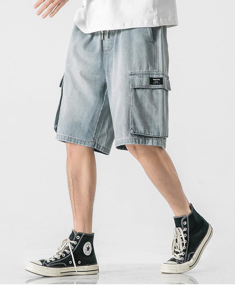 Elastic Waist Blue Denim Cargo Shorts