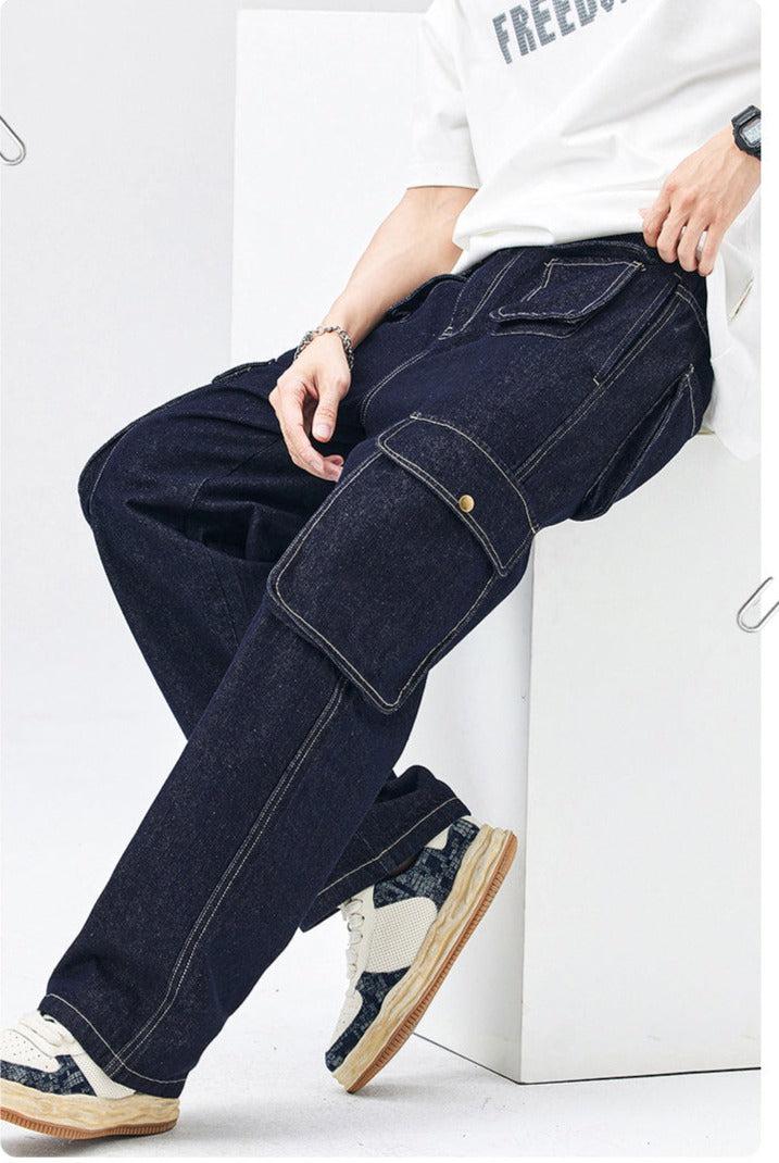 Elastic Waist Cargo Pocket Jeans Pants