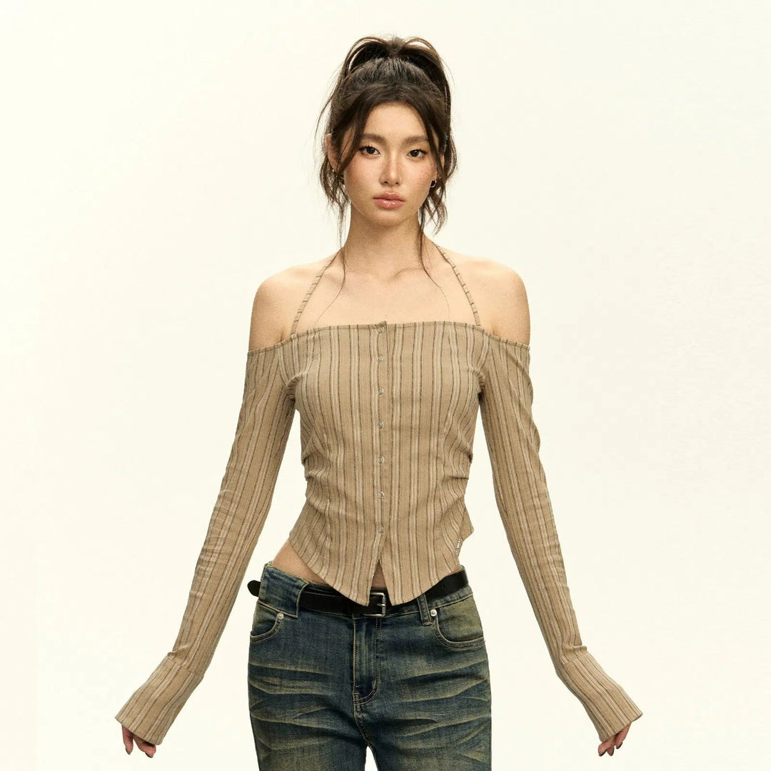 TKF262 Elegant Off Shoulder Button Down Ribbed Shirt M Khaki