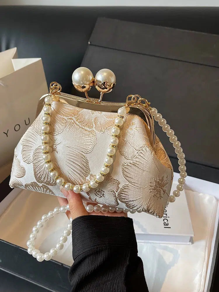 Elegant Pearl Handle Floral Handbag