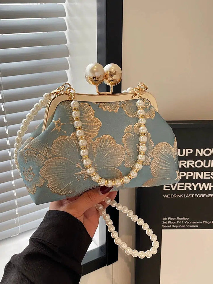 Elegant Pearl Handle Floral Handbag