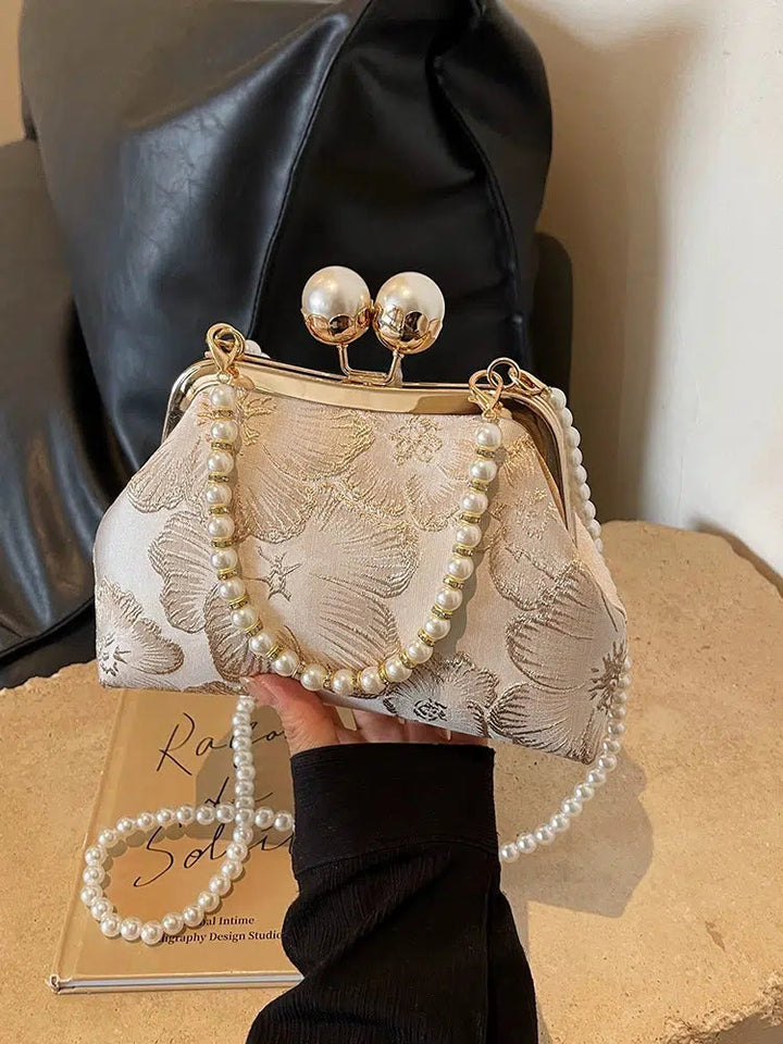 Elegant Pearl Handle Floral Handbag