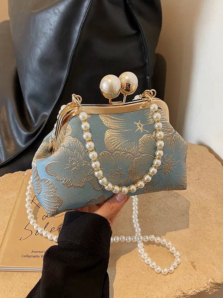 Elegant Pearl Handle Floral Handbag