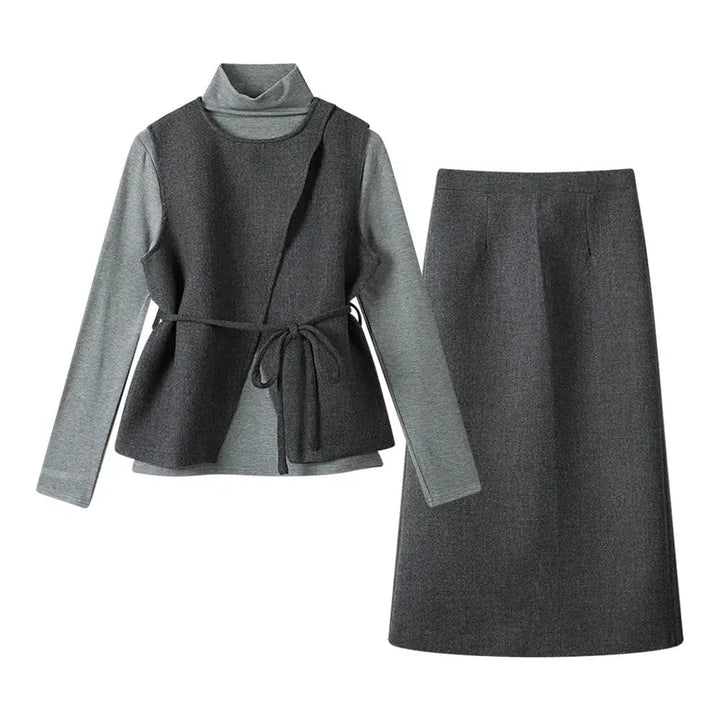 Fashion Suit Set With Belted Vest and Skirt