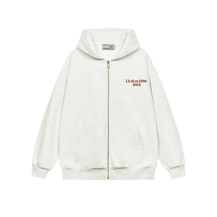 Embroidered Slogan Zipper Hoodie