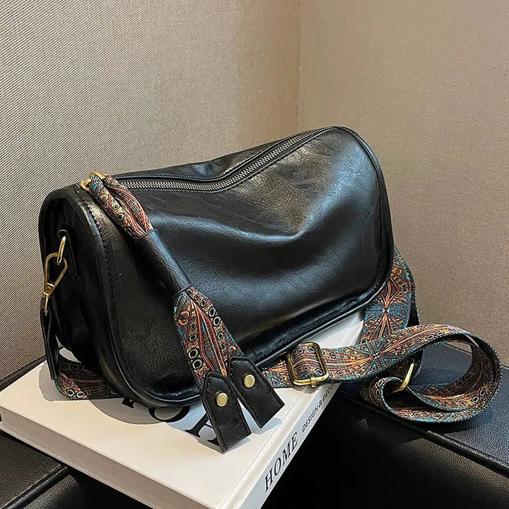 Embroidered Strap Leather Shoulder Bag