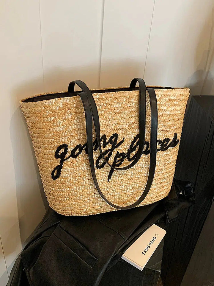 Embroidered Text Woven Tote Bag