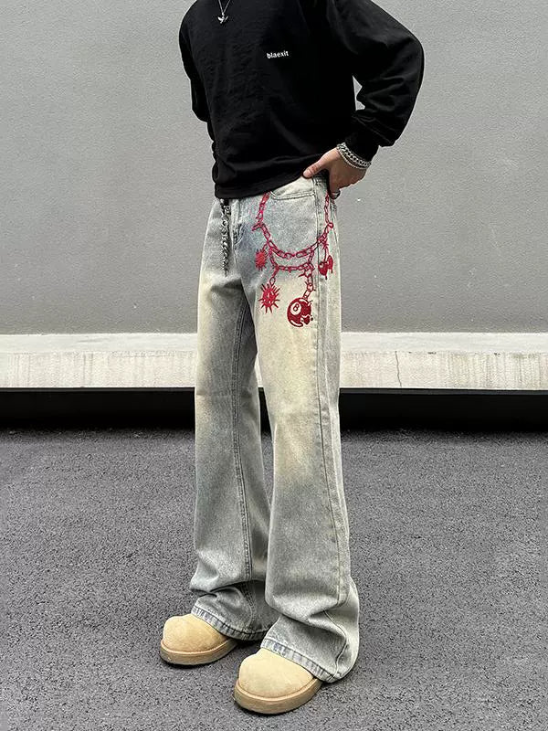 Embroidered Wide-Leg Denim Pants