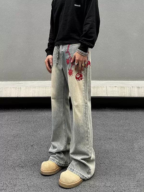 Embroidered Wide-Leg Denim Pants