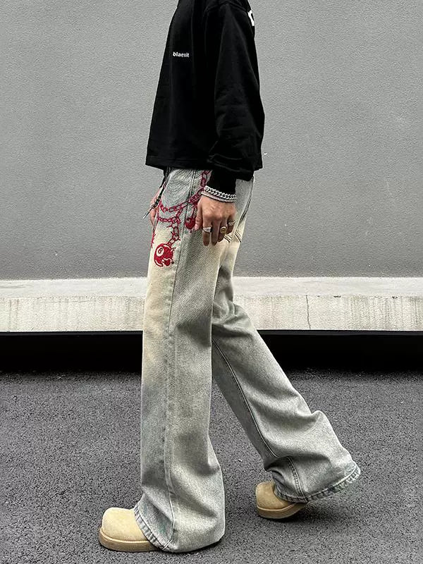 Embroidered Wide-Leg Denim Pants