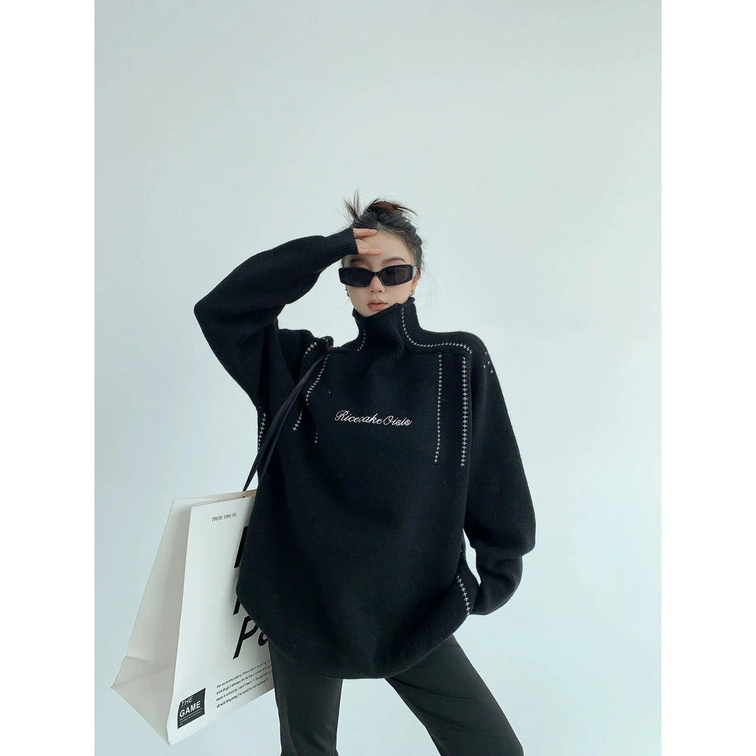 Embroidery Oversized High-Neck Sweatshirt