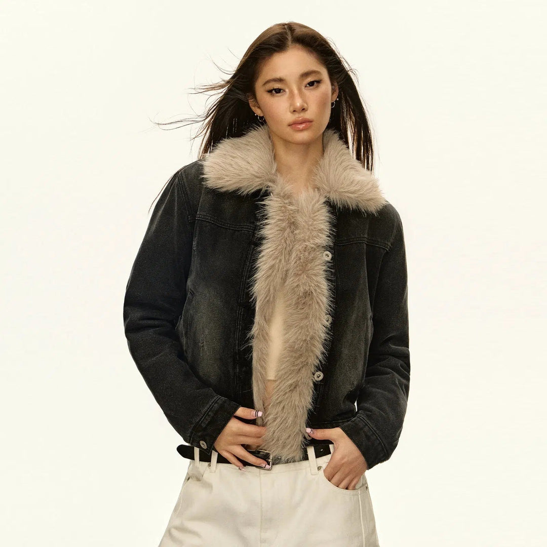 Faux Fur Collar Denim Jacket with Plush Lining