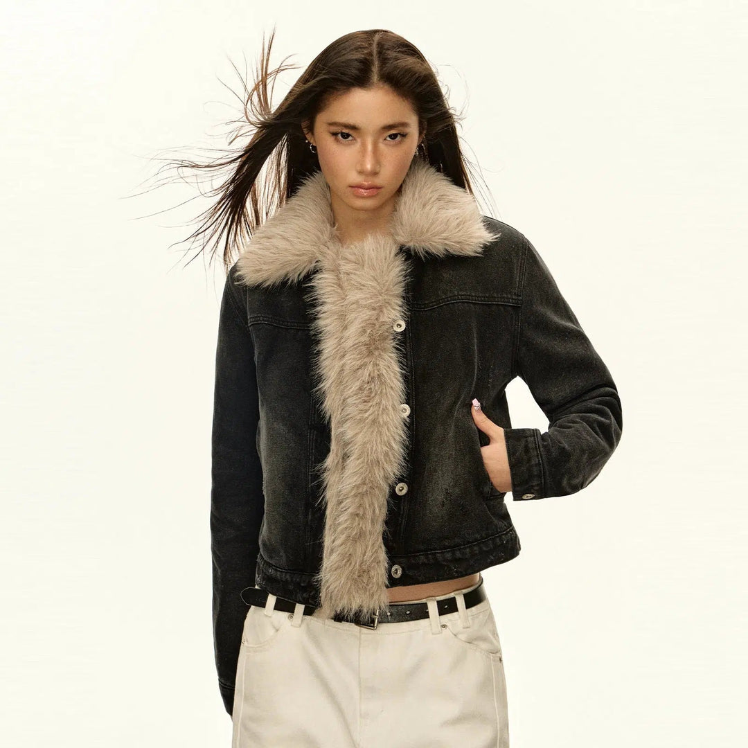 Faux Fur Collar Denim Jacket with Plush Lining