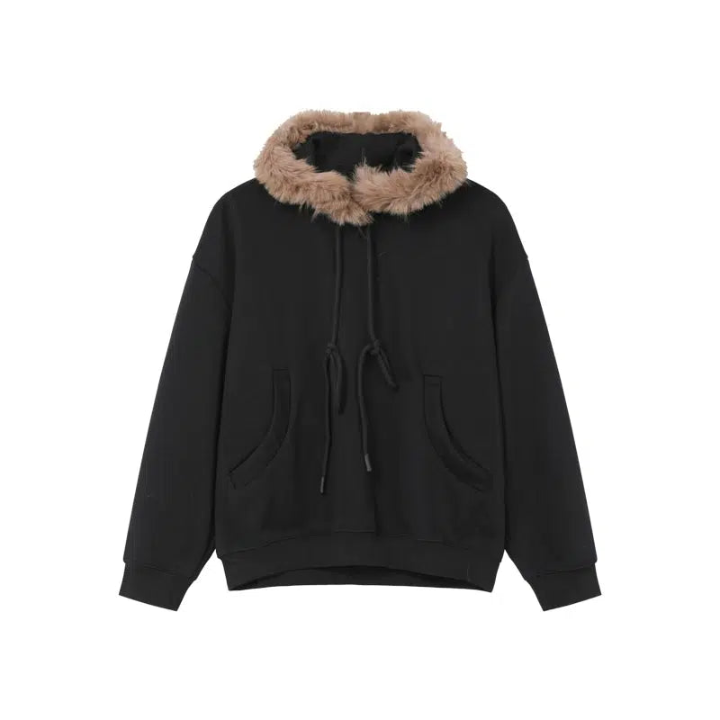 Faux Fur Hooded Drawstring Sweatshirt