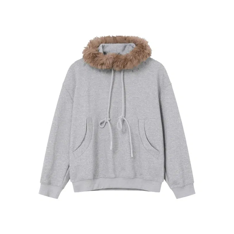 Faux Fur Hooded Drawstring Sweatshirt