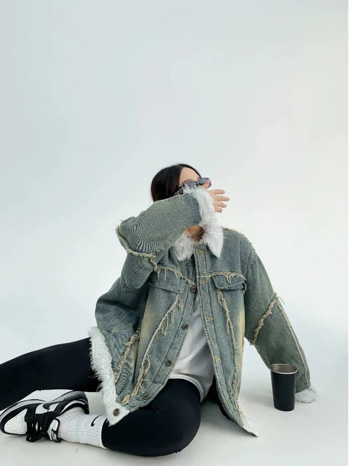 Faux Fur Trim Frayed Denim Jacket